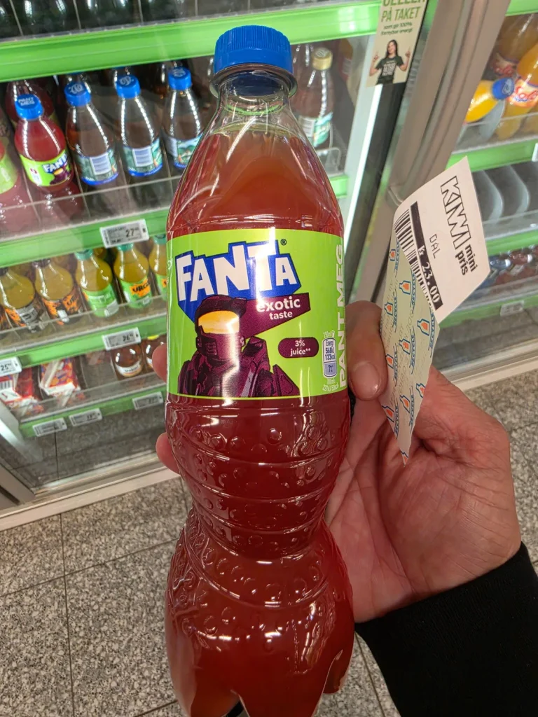 노르웨이 상점에서 구입한 Fanta Exotic 음료와 재활용 반납 영수증