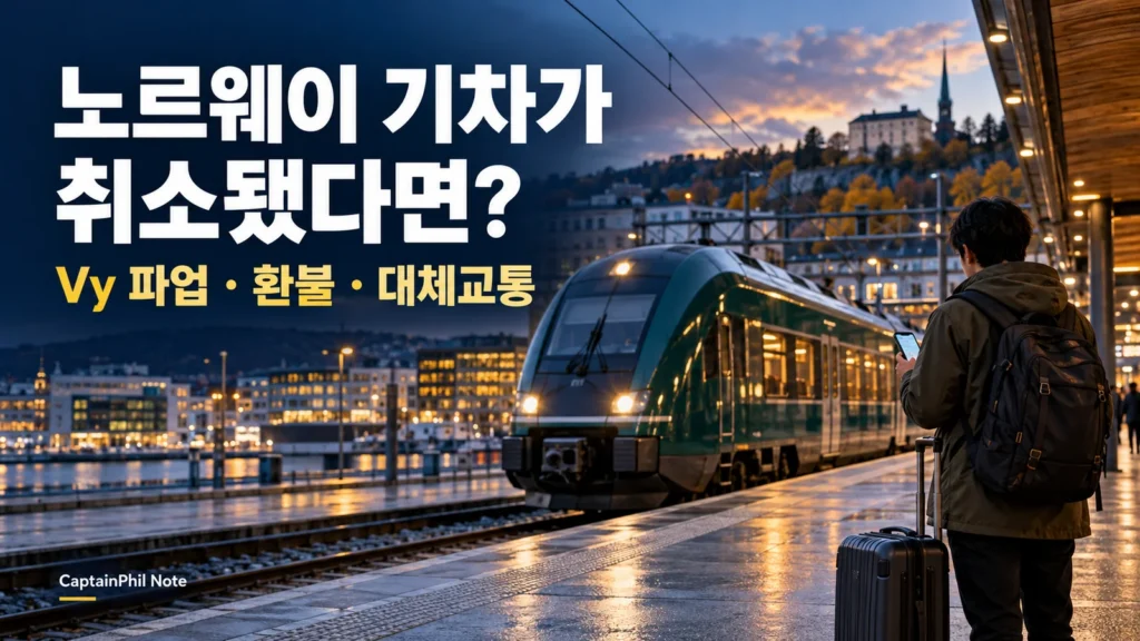 노르웨이 기차역의 녹색 열차와 스마트폰으로 이동 정보를 확인하는 여행자를 표현한 일러스트